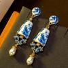 Vintage Blue White Porcelain Drop Earrings Needle Chinese Style Jewelry Women