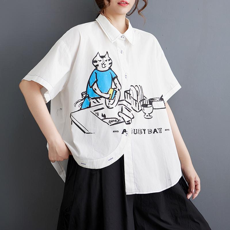 

Dimanaf Новинка 2025 року для жінок, літня блузка, вільна сорочка з принтом, сорочка з коротким рукавом, повсякденні футболки, вінтажні футболки One Size білий