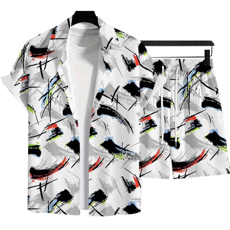 Modisches Herren Sommer Urlaubsstil Hawaiianische Kokosnuss Strand Aufdruck Lässiger Komfort Kurzarmhemd Strandshorts 2-teiliges Set