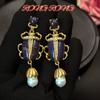 Vintage Heavy Industry Beetle Shaped Pearl Pendant Earrings With French Court Style Electroplated Antique