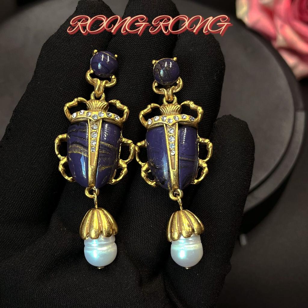 Vintage Heavy Industry Beetle Shaped Pearl Pendant Earrings With French Court Style Electroplated Antique