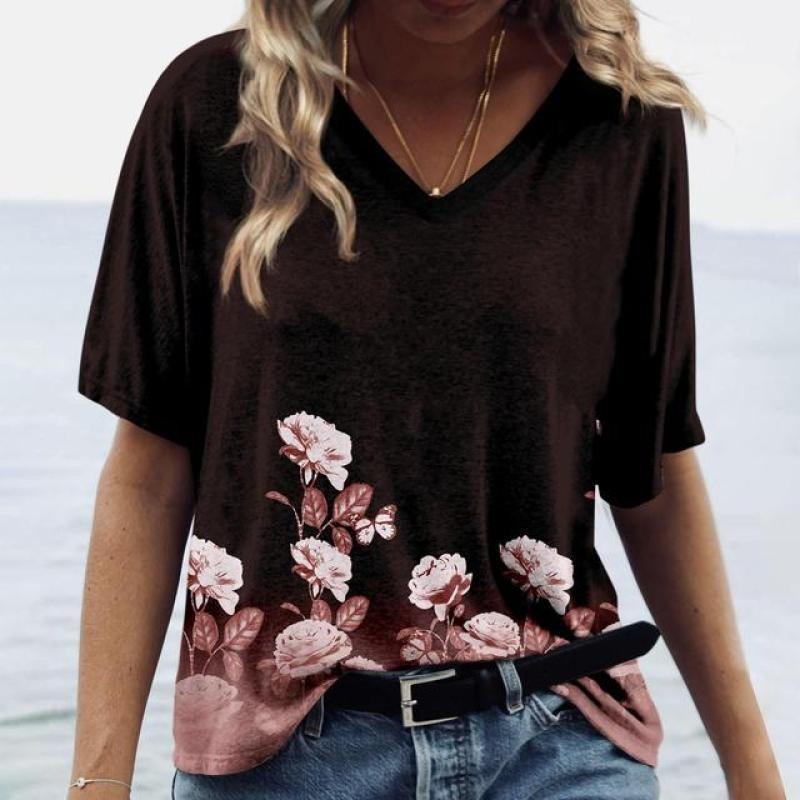 Summer Flower T-Shirts Floral 3D Print Women V-Neck Short Sleeve T Shirt Streetwear