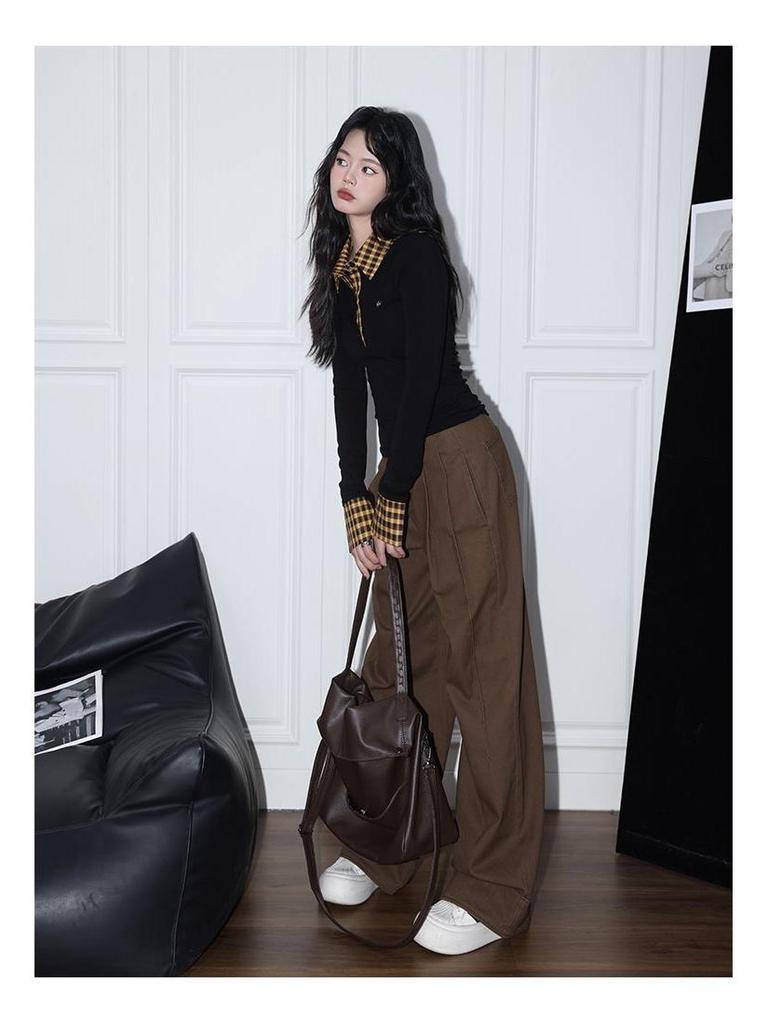 Design Sense Women's Plaid Patchwork Long Sleeve Collared Slim-Fit T-Shirt for Autumn