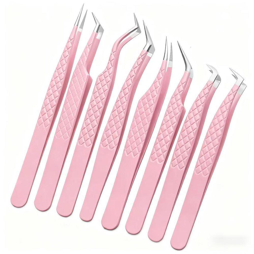 Stainless Steel Private Label Volume Eyelash Extensions Custom Pink Silver Fiber Tip Lash Tweezers