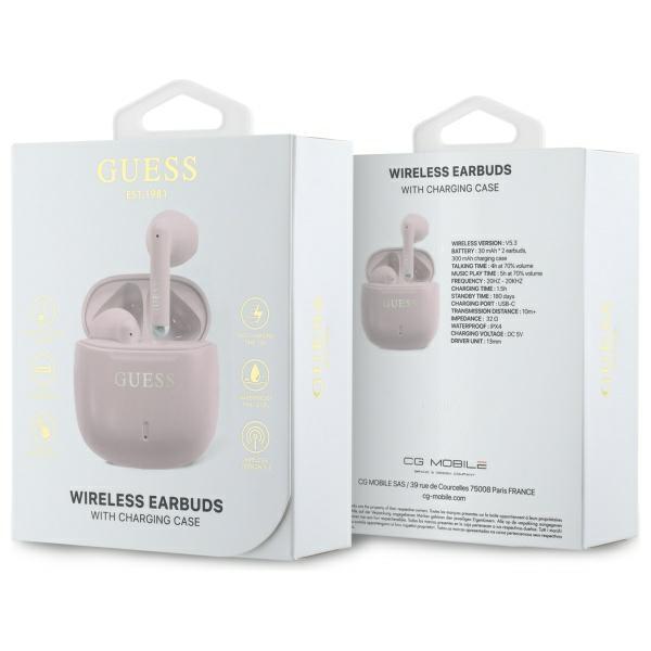 Écouteurs Bluetooth Guess GUTWSJ14ESGP TWS + Station d'accueil Rose/Rose Imprimé Logo Classique