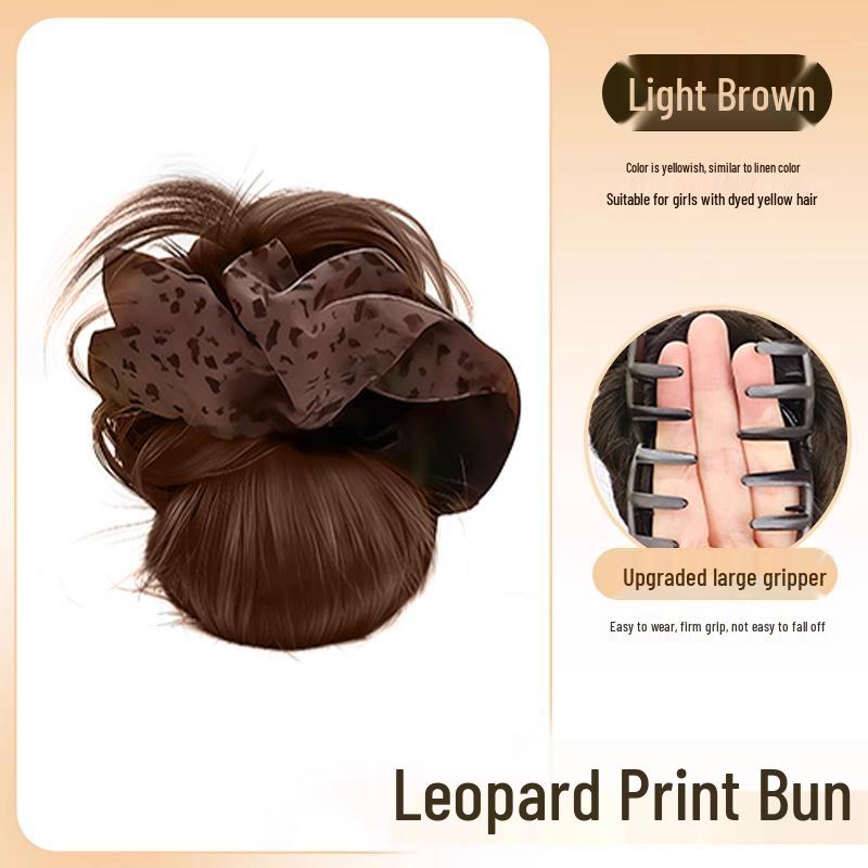 Retro Leopard Print Claw Clip Low Bun with Hair Tie and Natural Fluffy Flower Bud Design