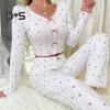 Women Lace Trim Pajama Set Long Sleeve V-Neck Front Button Tops Full-Length Pants Sleepwear Nightwear