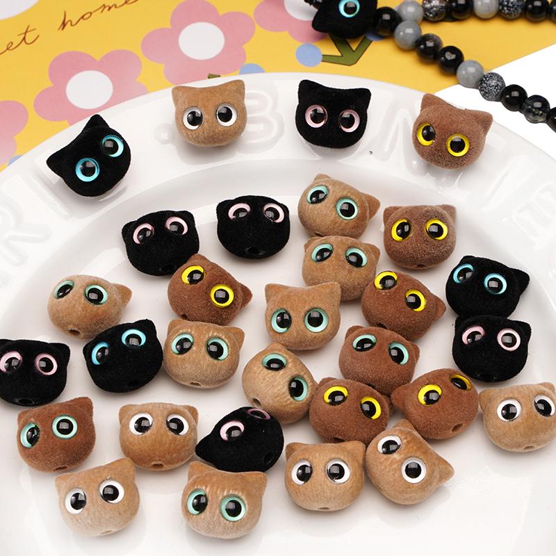 Resin Flocking Beads Cute Cat Head Beads for DIY Bracelet Earring Jewelry Making Accessories