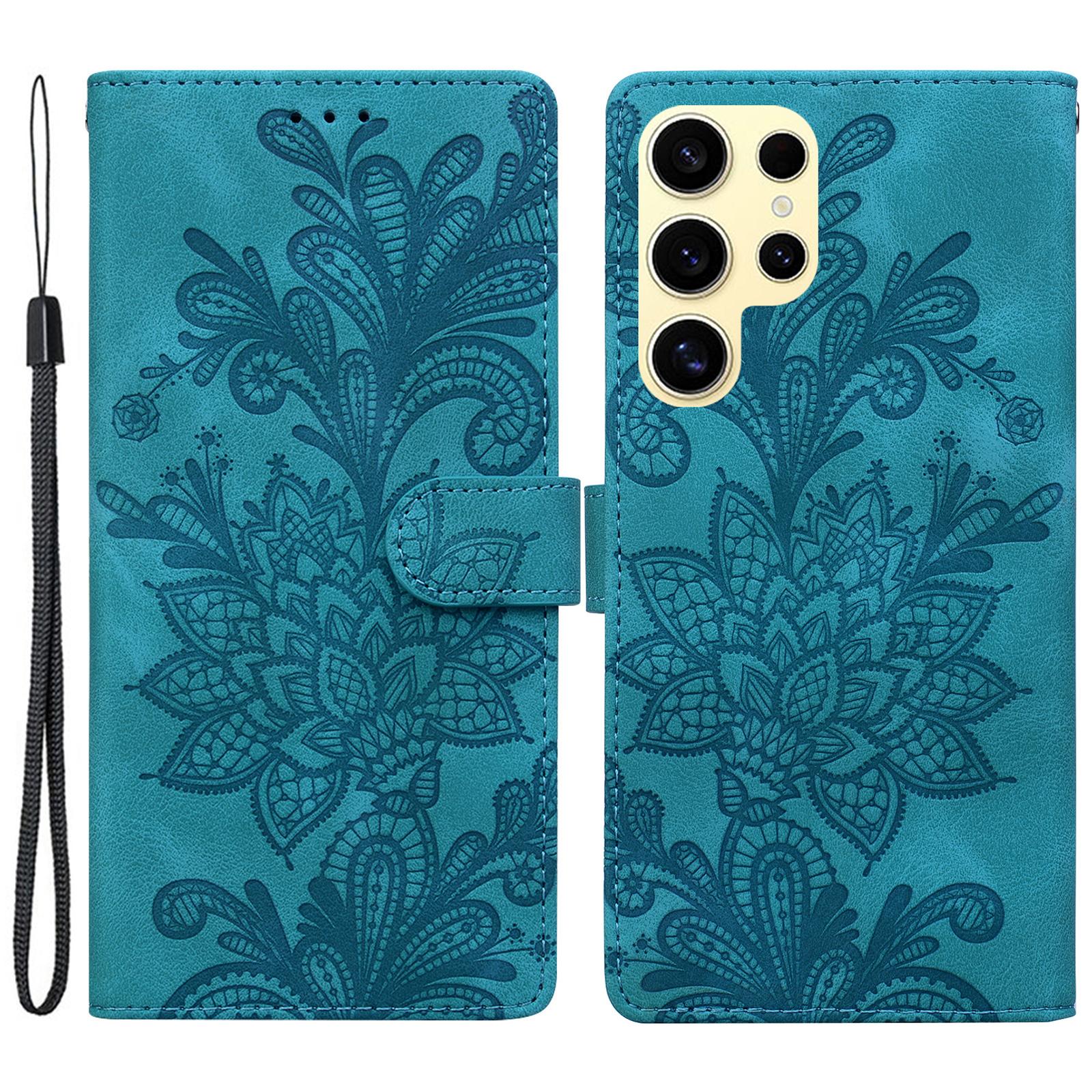 

For Samsung Galaxy S24 Ultra Case Imprinted Lace Flowers PU Leather Wallet Phone Cover Green