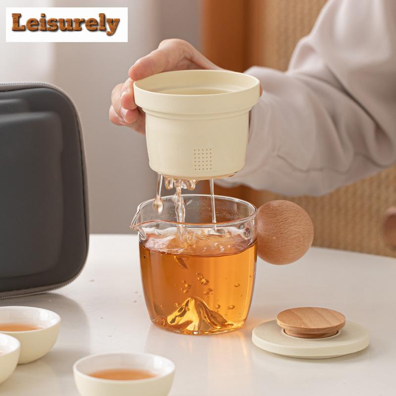 Zen Black Pottery Portable Travel Tea Set Kit Ancient 1 Pot 4 Cups Household Tea Brewing Camping Tote Bag Chinese Tea Set Craft