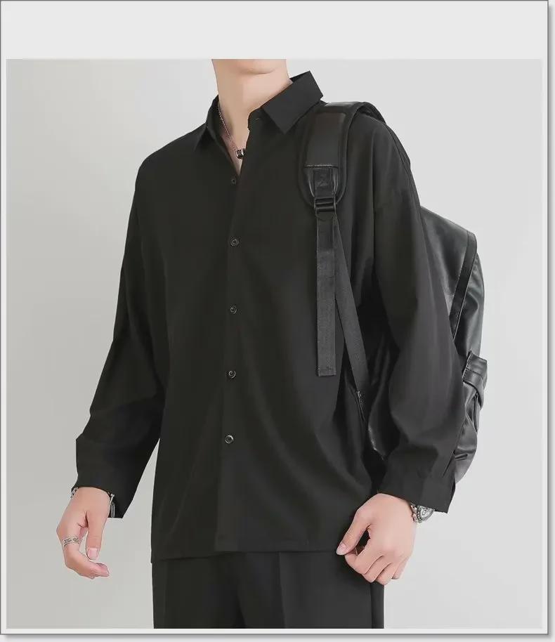 Men's Summer Ice Silk Long Sleeve Black & Gray Casual Shirt - Wrinkle-Free, Loose Fit