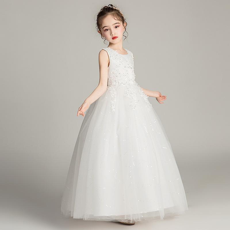 Kids Girls Long Puffy Tulle Princess Wedding Party Performance Dress 120cm