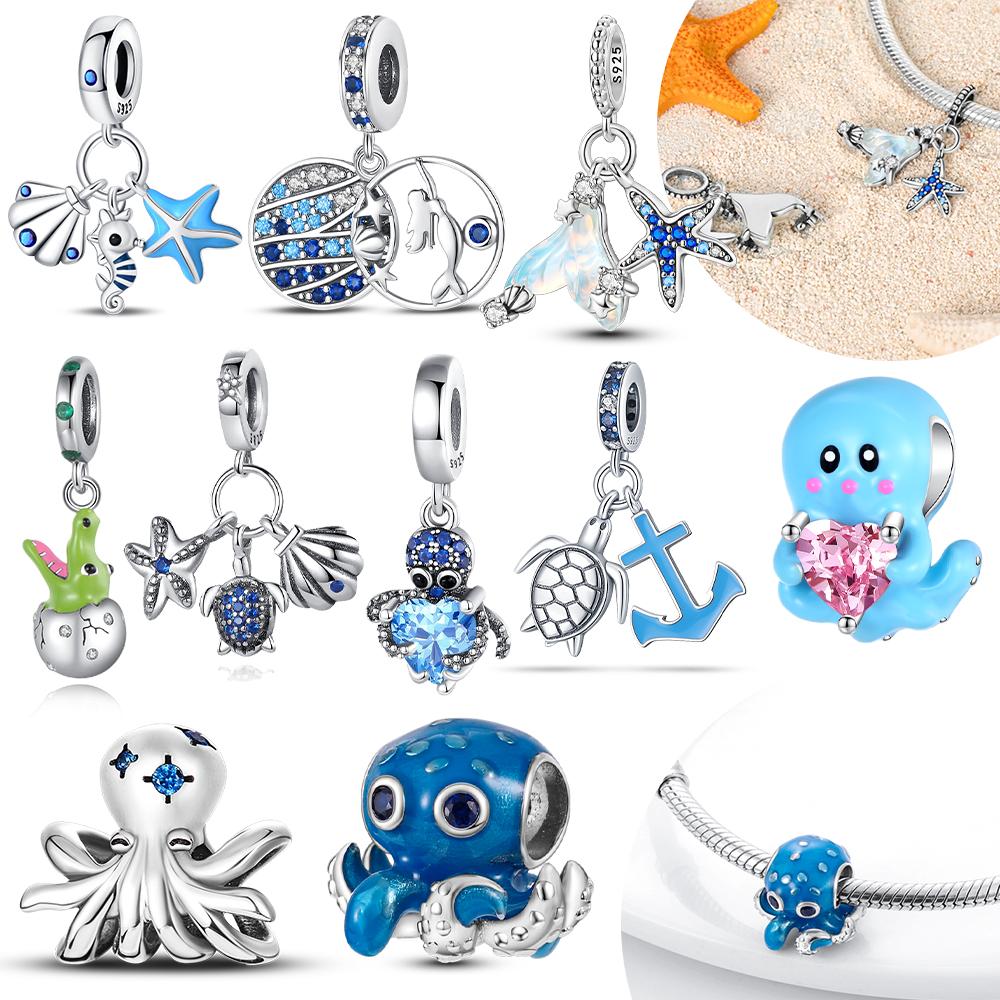 Original Copper Blue Octopus Tail Starfish Animal Seahorse Beads Charm Fit Bracelet Women Anniversary Gift Accessory Jewelry