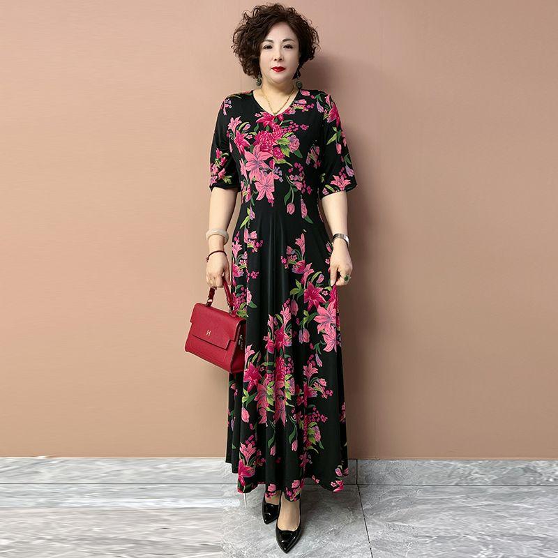 Summer Women's V-Neck Floral Dress Slim Fit Stretch Plus Size Dress Long Casual Dress