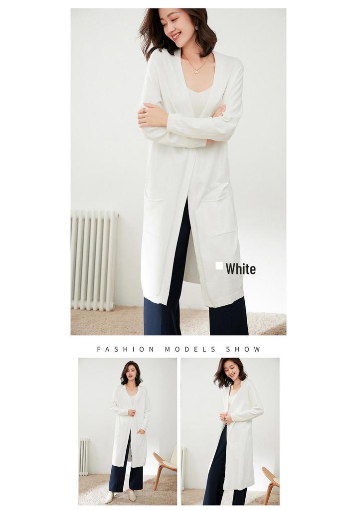 Women's Knee-Length Knit Cardigan Coat - Solid Color Long Sleeve Autumn/Winter Sweater