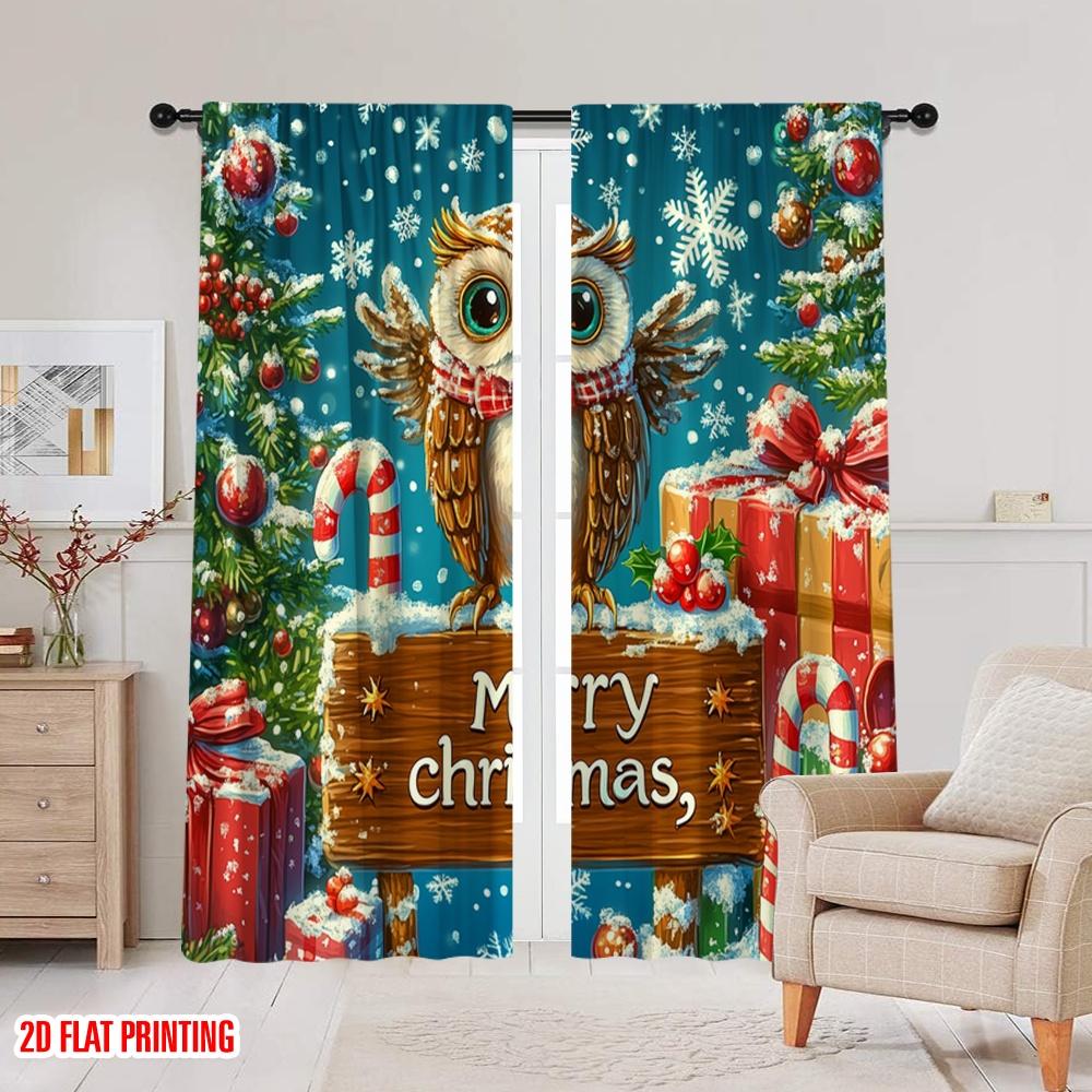 2 szt., druk płaski 2D Popularne panele zasłonowe Świąteczny prezent urocza sowa (4) 100% poliestru (bez pręta) Święta do sypialni,