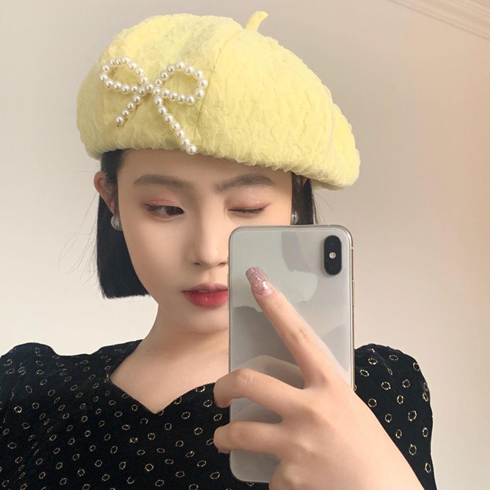 Street Style Pearls Bow Soft Hat Y2K Women Artist Hat Simple Lace Berets Cap  School