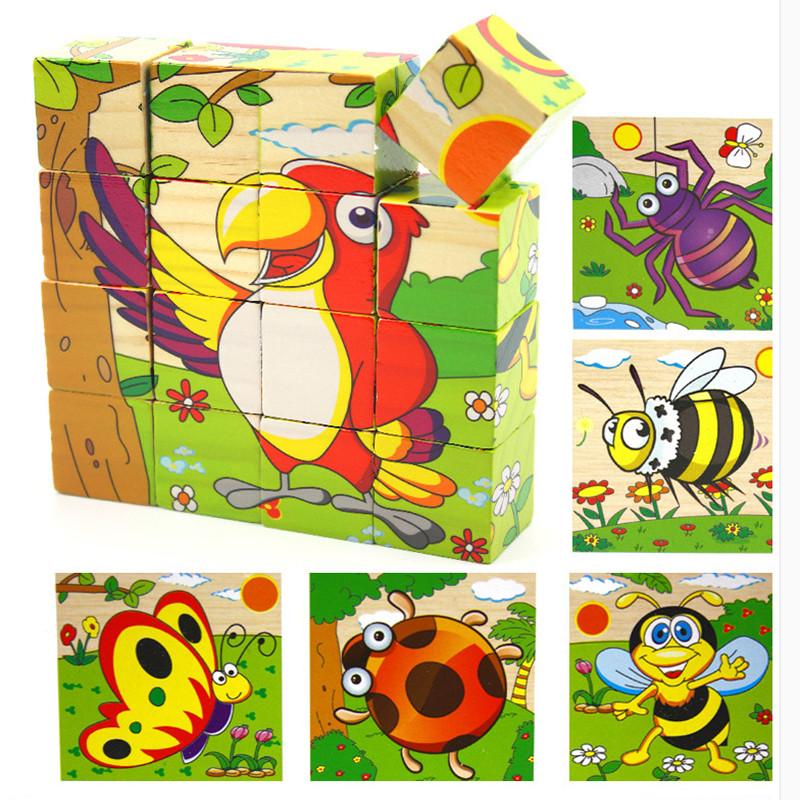 16pcs/set 3D Kids Wooden Blocks Toys Cartoon Print Animal/Sea World Domino Children Educational Toy