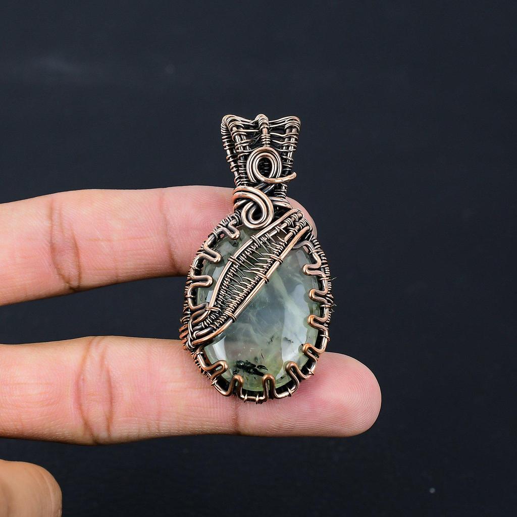 Prehnite Gemstone Pure Copper Wire Wrapped Handmade Pendant Jewelry For Gift