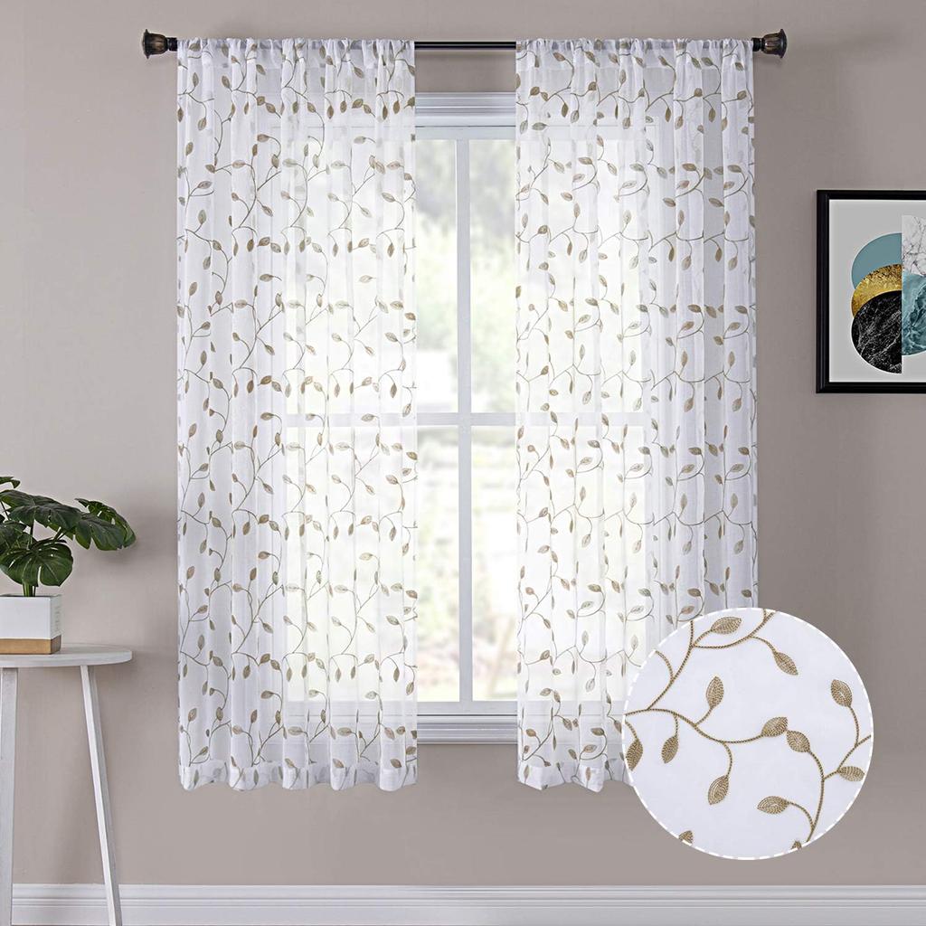 Tollpiz Leaves Short Sheer Curtain Sage Green Leaf Embroidery Living Room Curta Rod Pocket Voile Faux Linen Embroidered Leaves Curtain for Bedroom,