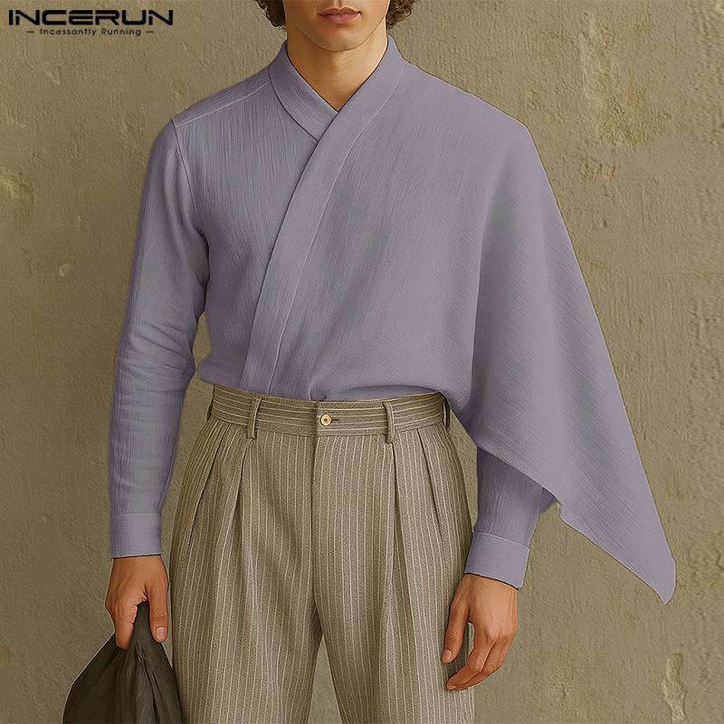 INCERUN Men Long Sleeve Ruffled Layers Patchwork Casual Cape Shirts