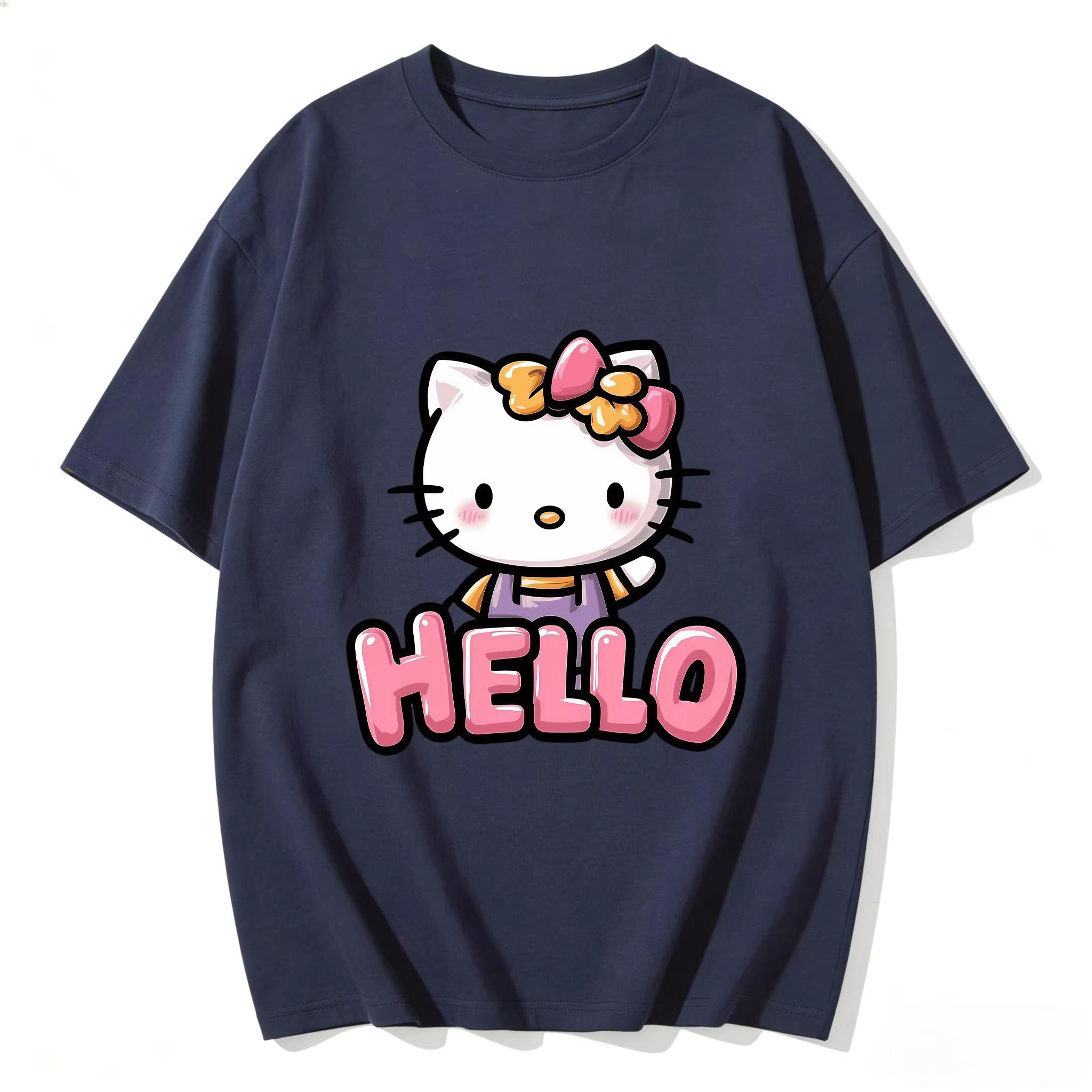 

2026 Hello Kitty Cartoon Printed Short Sleeve Summer Comfortable summer loose Tshirt for Women S