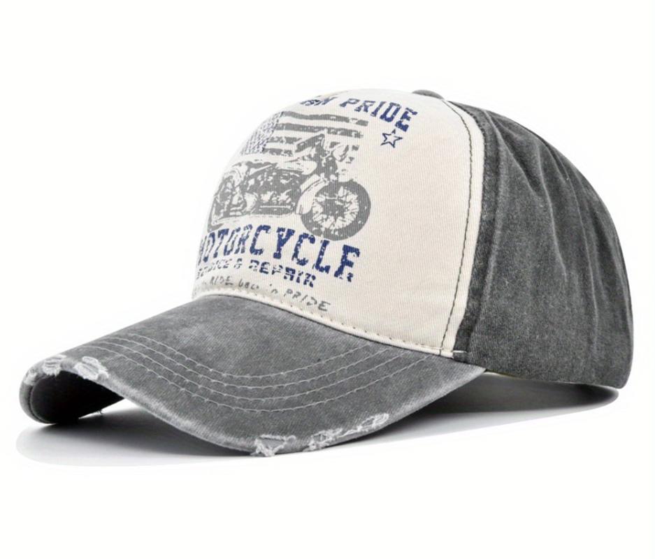 Motorcycle Print Baseball Cap Letter Pattern Printing Distressed Retro Hip-Hop Cap Mountaineering Running Cycling Sports Cap