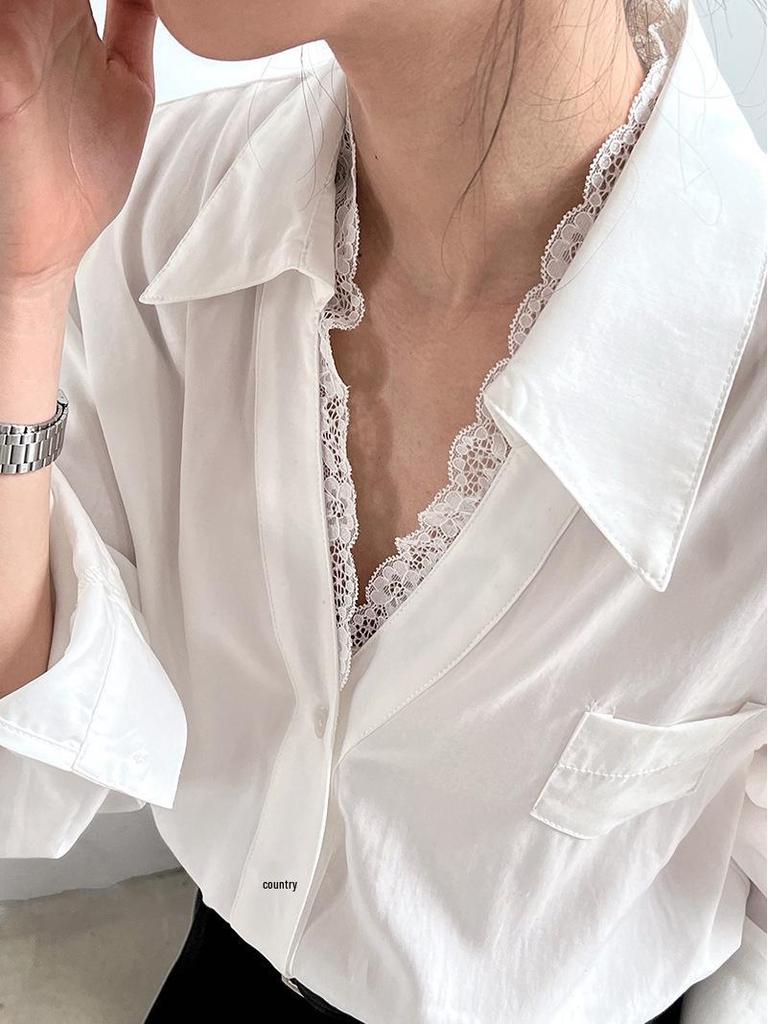 LUXI High-End French Polo Collar Lace Patchwork Women's Shirt - Spring New Arrival Temperament Top