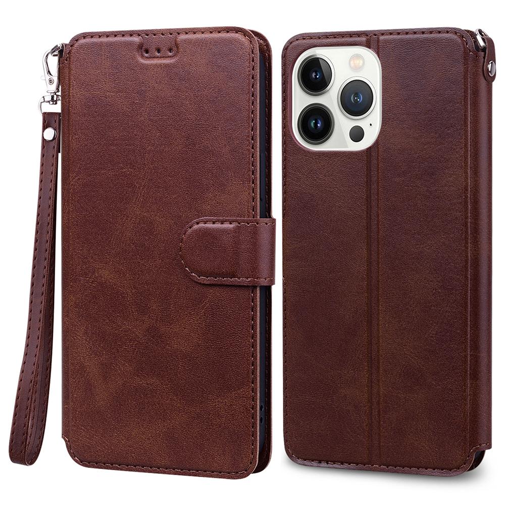 

For iPhone 15 Pro Case PU Leather Flip Stand Wallet Phone Cover with Wrist Strap Brown