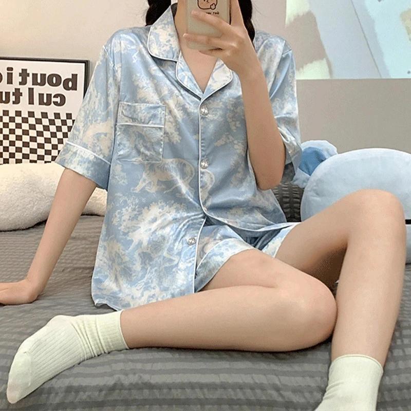 Style Romantic Star River Tie-dye Women's Pajamas French Elegant Classy Short Lady Sleepwear  Summer Home
