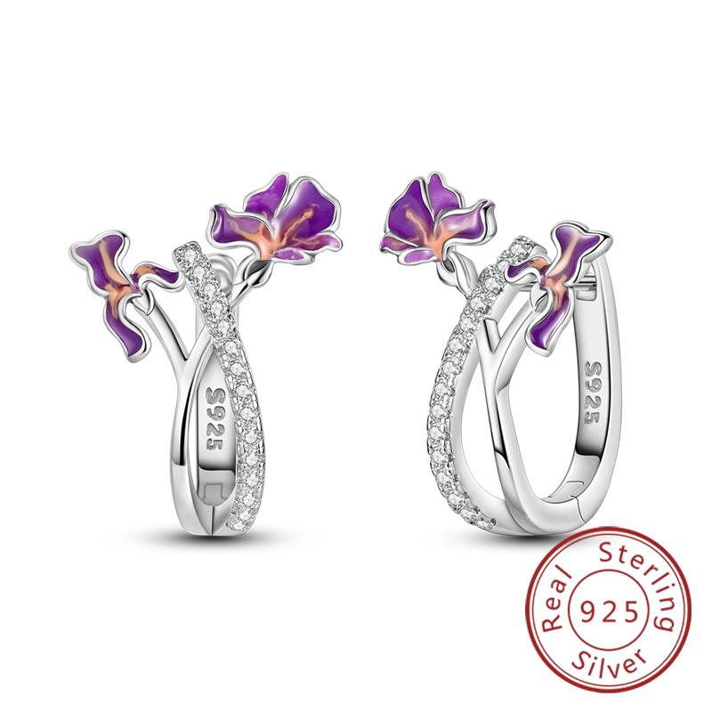 New Original 925 Silver Hoop Earrings Purple Zircon Flowers Butterflies Studs Earring For Women Wedding Engagement Gift