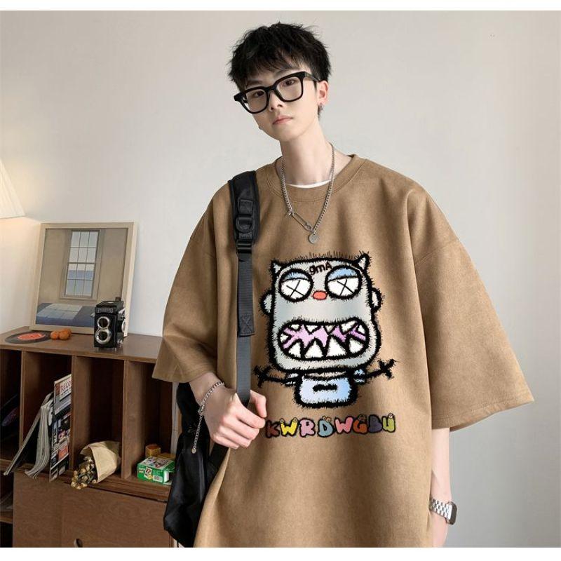 Замшевая футболка с короткими рукавами в европейском и американском стиле мужская летняя футболка в американском стиле модный ретро-тренд большие размеры 2XL света кофе 2458₽