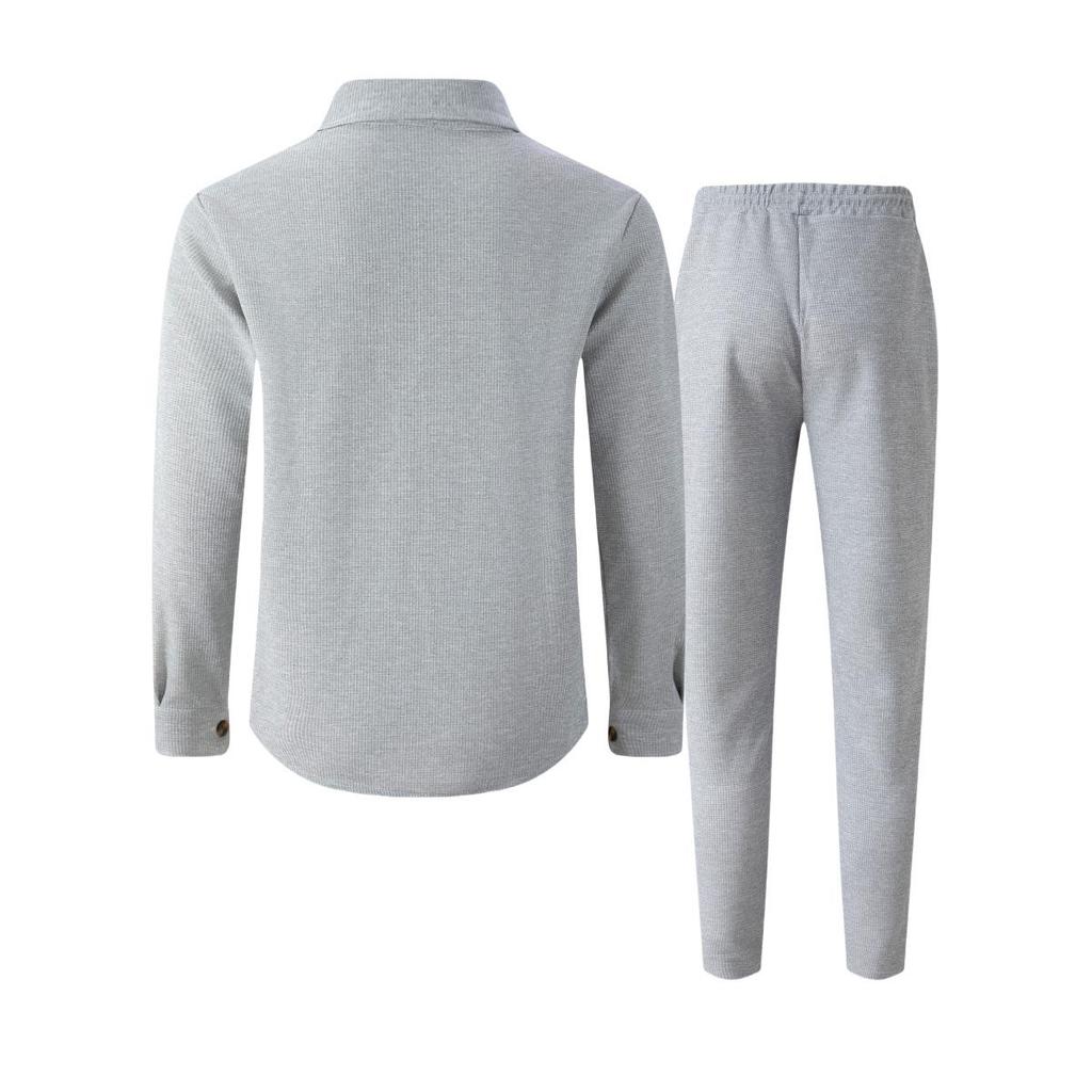 European & American Autumn Waffle Long Sleeve Two-Piece Cardigan Set with Double Pocket.