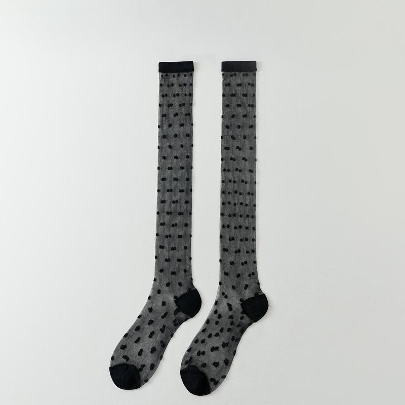 Crystal Silk Socks Women Stockings Summer Ultra-thin Transparent Knee Socks Polka Dot JK Girls Black White Long Socks Stockings