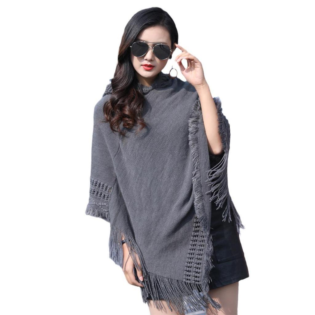 2023 Women's Solid Color Hooded Tassel Cutout Plus Size Slimming Cape Shawl