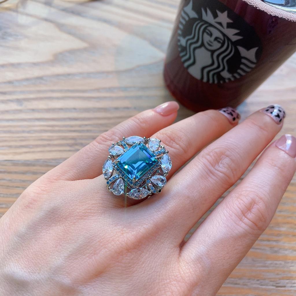 Jewelry Retro Simulation Topa Blue Micro Diamond Pendant Ring Set Main Stone 10 * 12