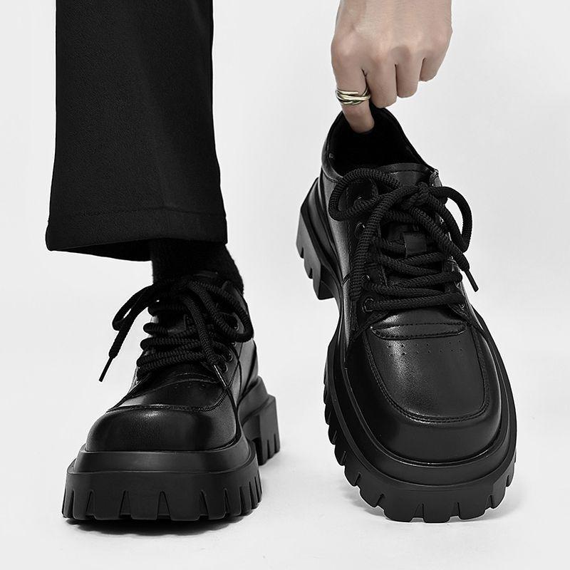 Men's Korean-Style Height-Boosting Genuine Leather Derby Shoes with Thick Sole