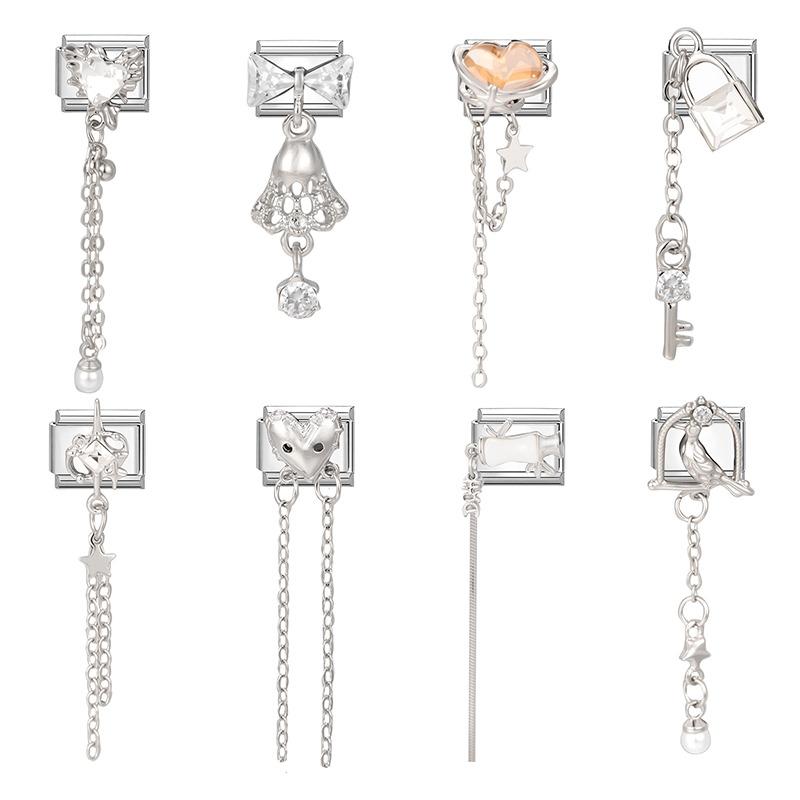 Love Heart Lock Bright Zircon Long Pendant Italian Charm Links Fit 9mm Stainless Steel Bracelet DIY Making Gifts