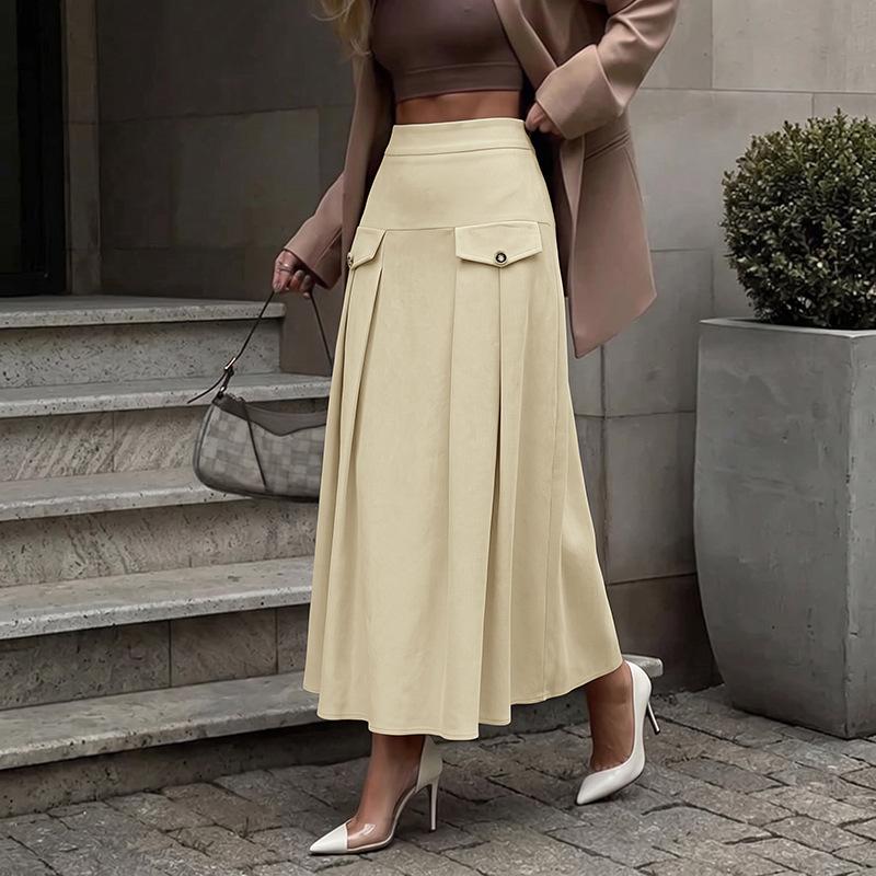 2026 Autumn/Winter New Style Business Casual Linen High-Waisted Pleated Mid-Length A-Line Skirt