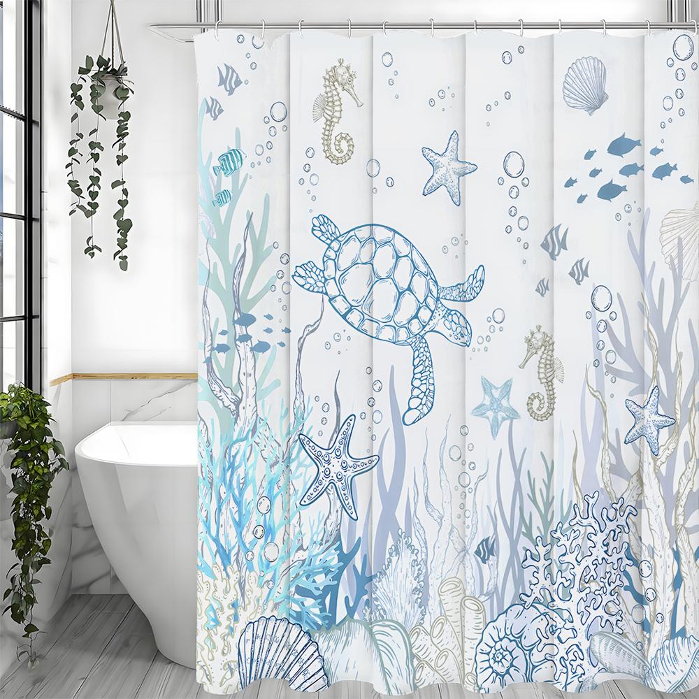 Underwater World Turtle Seagrass Coral Shower Curtain, Bathroom Decorative Shower Curtain, Waterproof Shower Curtain with Hooks