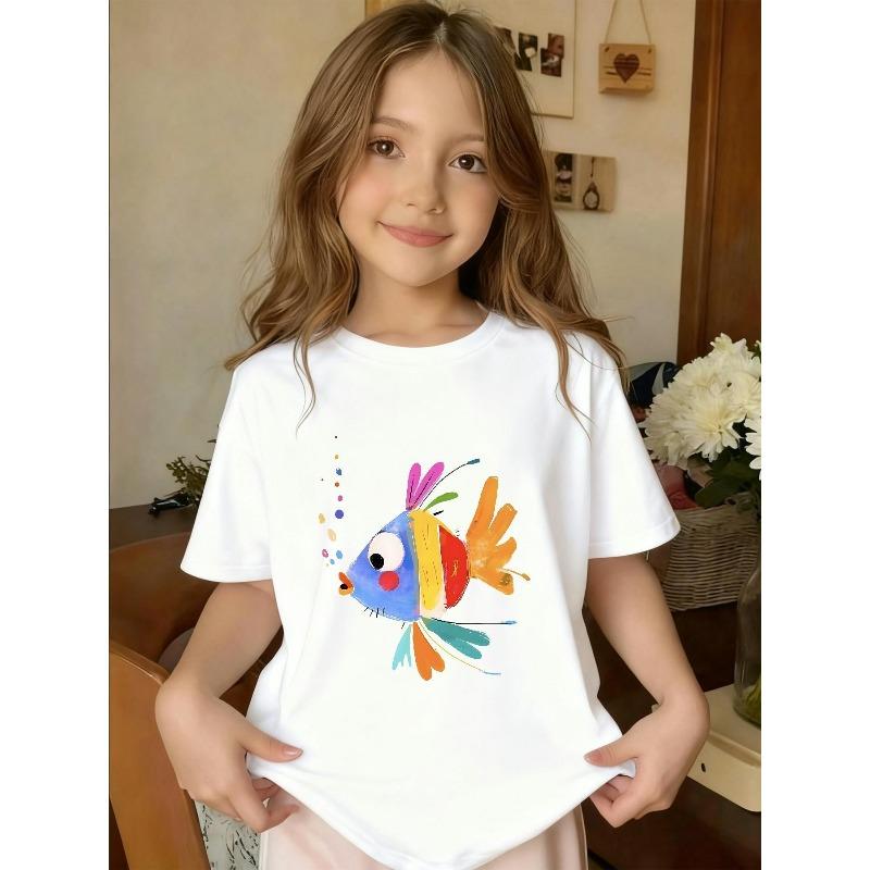 European Size Girls Round-neck Short-sleeved T-shirt with Colorful Fish Blowing Bubbles Pattern Print