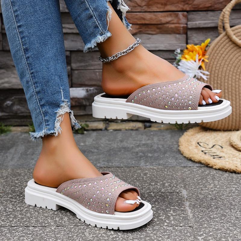 Fashion Ladies Slippers Summer Fashion Casual Mesh Comfortable Sequined Platform Waterproof Slippers Outdoor Flat Shoes. Plus Size43