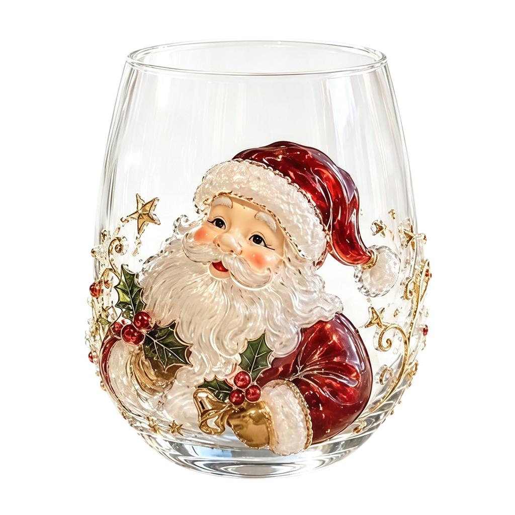 Glass Art Christmas Cup Holiday Festive Drinkware Santa Snowman Reindeer Tree Gift 4.72in for Friends Family