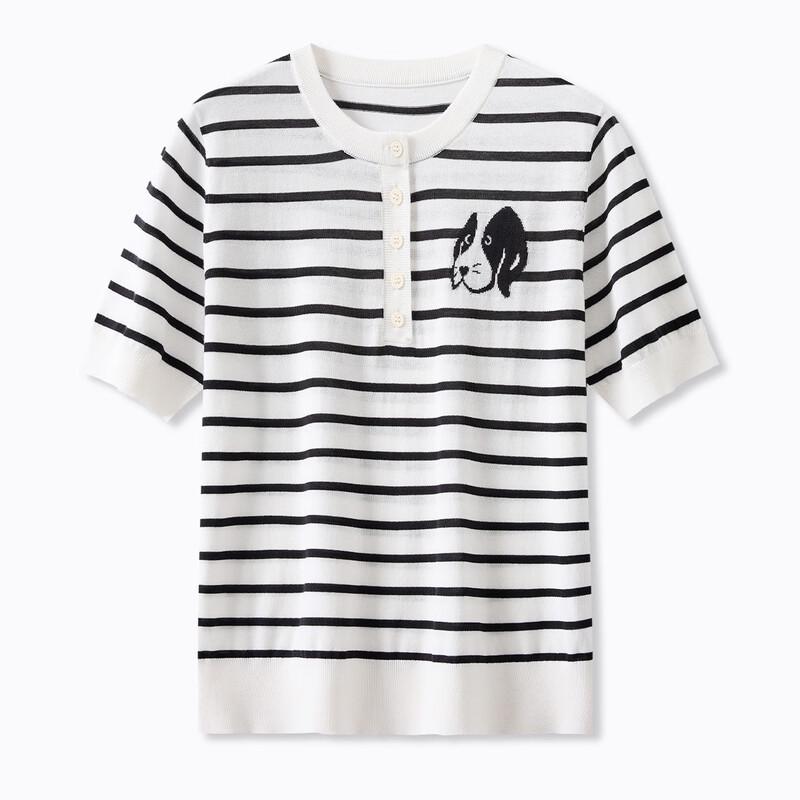 Snowforte Women s Dog Embroidery Striped Knit T-Shirt L