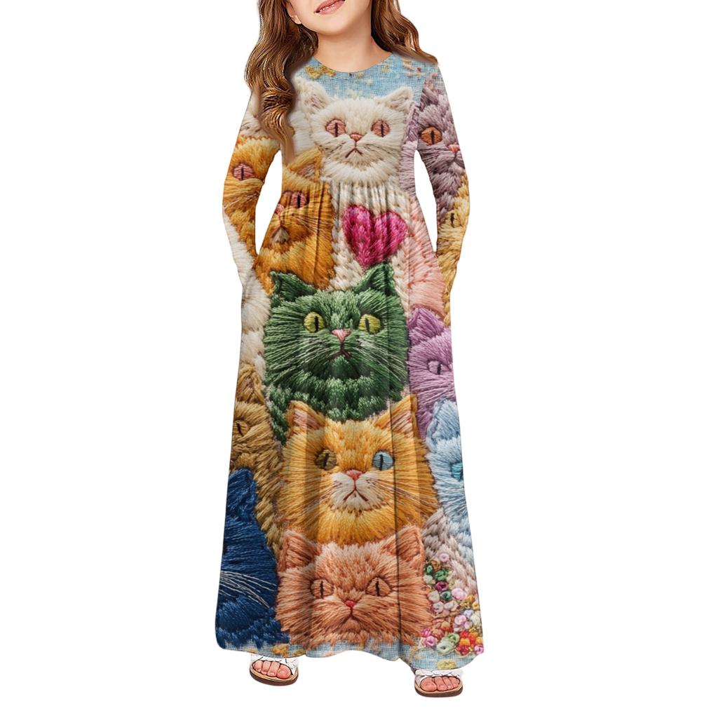 Girls' Maxi Dress - Long Sleeve Pocket Dress Valentine's Day