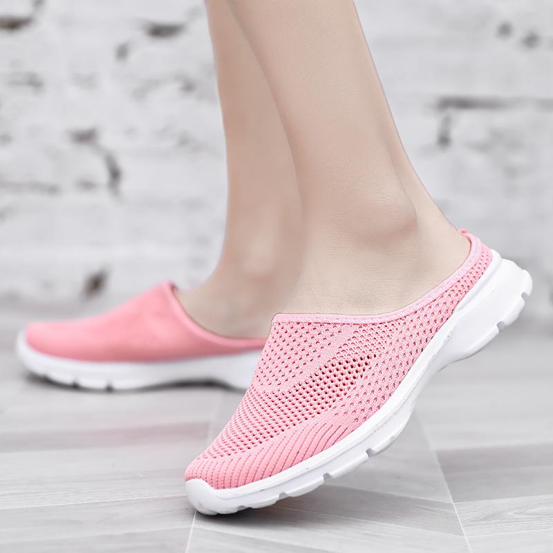 Unisex Slip-on Flats Round Toe Half Slippers Knitted Mesh Walking Shoes Lightweight Big Size 35-48 Leisure Shoes Anti-slip