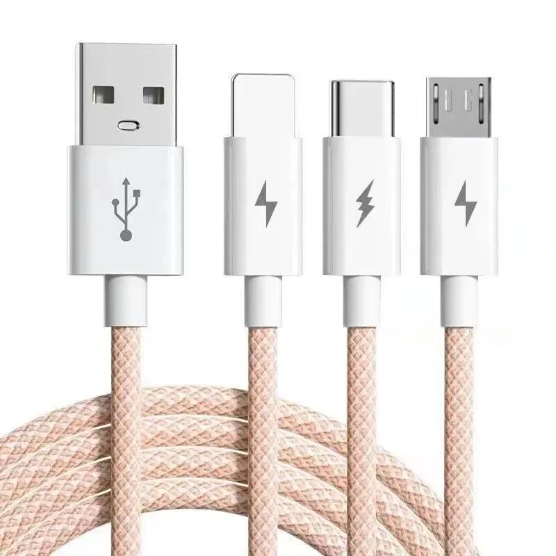 

6A 3 в 1 USB-кабель типу C 66 Вт Надшвидкісні зарядні кабелі для Huawei Xiaomi Samsung OPPO Lightning Data Cord для iPhone 1.2/2/3M 1.2 m рожевий