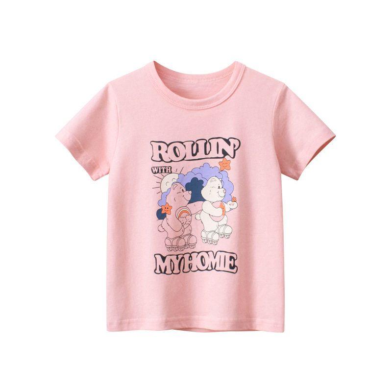 2026 New Summer Style Korean Brand Kidsren s Clothing Kidsren s Pure Cotton Tops Girls Cartoon Bear Print Short-Sleeved T-Shirt Ht9647 Pink 90