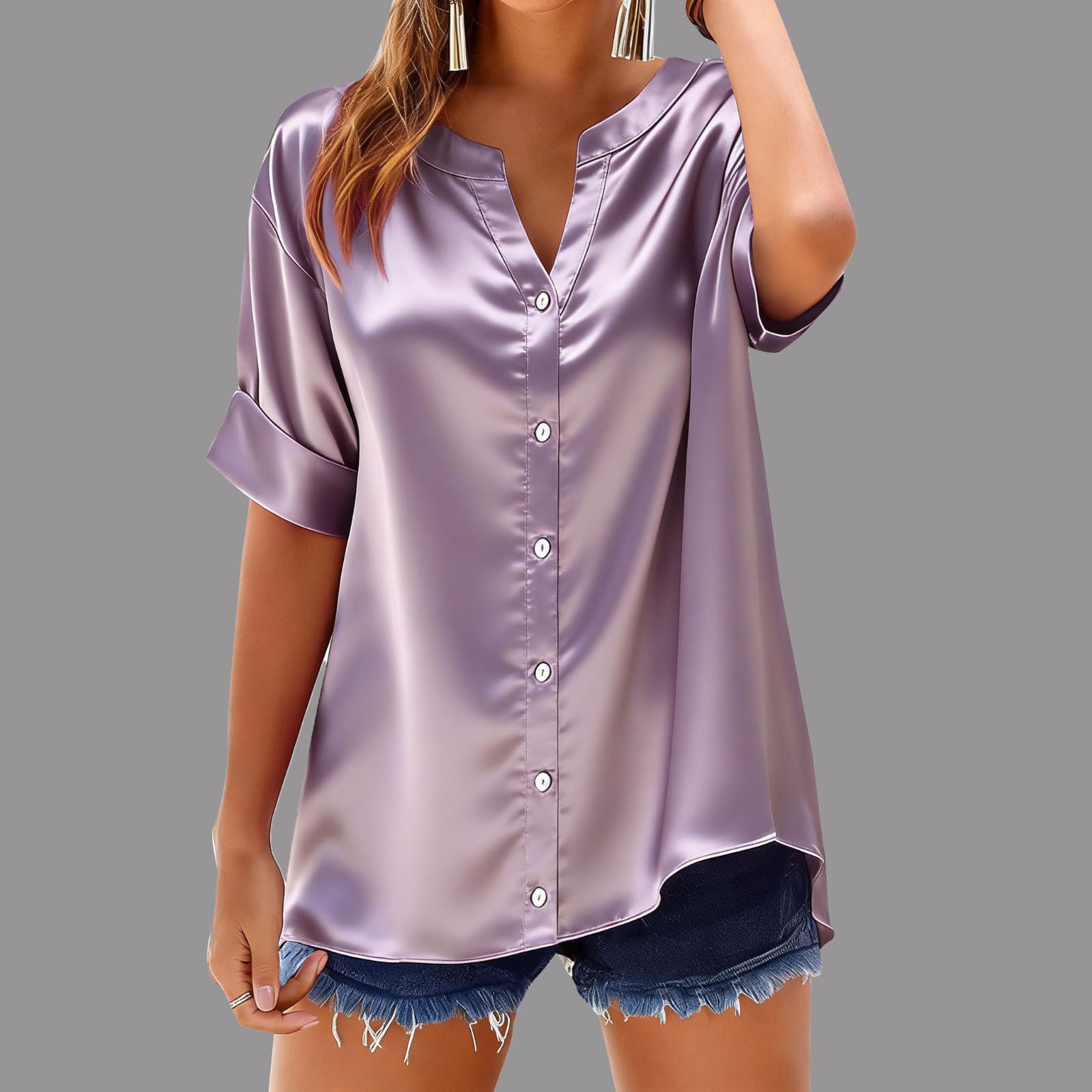 

Women s Fashion Color V-neck Button Short Sleeved Pullover T-shirt Top XL фіолетовий