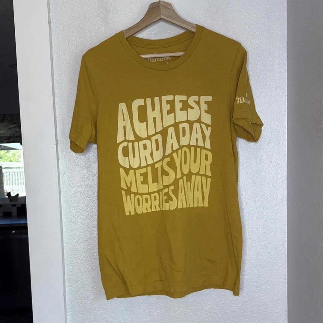 

Tillamook mustard yellow A Cheese Curd a Day Melts Your Worries Away tee T-shirt M XL